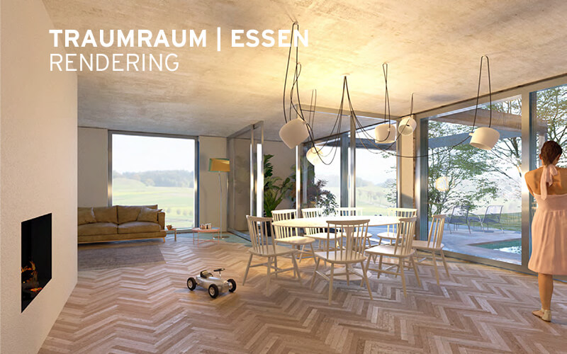 Grundstück für Einfamilienhaus (EFH) in Andechs – Architektenplanung Rendering Essbereich