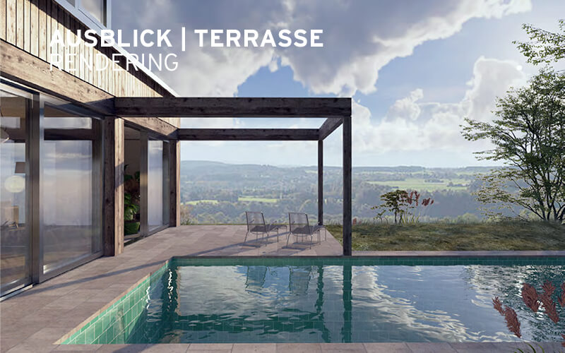 Grundstück für Einfamilienhaus (EFH) in Andechs – Rendering Terrasse mit Ausblick
