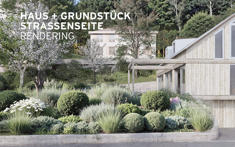 Grundstück für Einfamilienhaus (EFH) in Andechs – Rendering Haus und Grundstück Straßenansicht